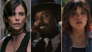 Charlize Theron in "The Old Guard 2" (Netflix), Michael B. Jordan in "Sinners" (WB) and Jenna Ortega in "Death of a Unicorn" (A24)