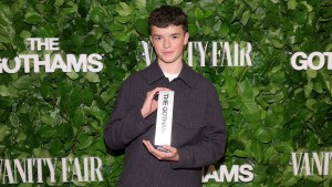 Owen Cooper poses with the Outstanding Supporting Performance in a Limited Series award for "Adolescence" during The Gotham TV Awards at Cipriani Wall Street on June 02, 2025 in New York City
