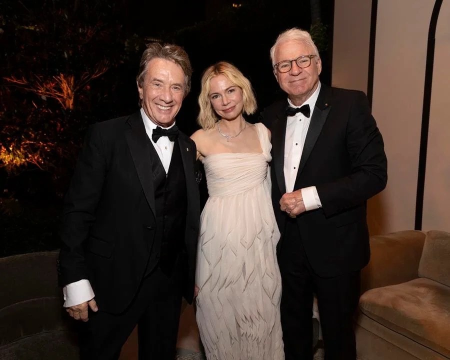 Martin Short, Michelle Williams and Steve Martin share a moment at The Walt Disney Company 2025 Emmy Awards Celebration at Vibiana in Los Angeles. (The Walt Disney Company)