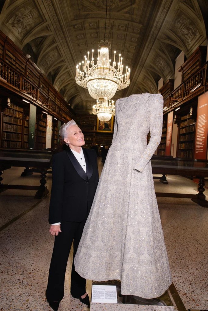 Glenn Close next to a larger-than-life Armani gown. Source: Armani